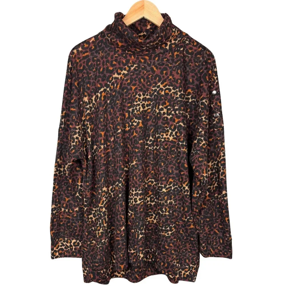 French Laundry Womens‎ Sweater Turtleneck Leopard Buttons Knit 3X Casual Classic